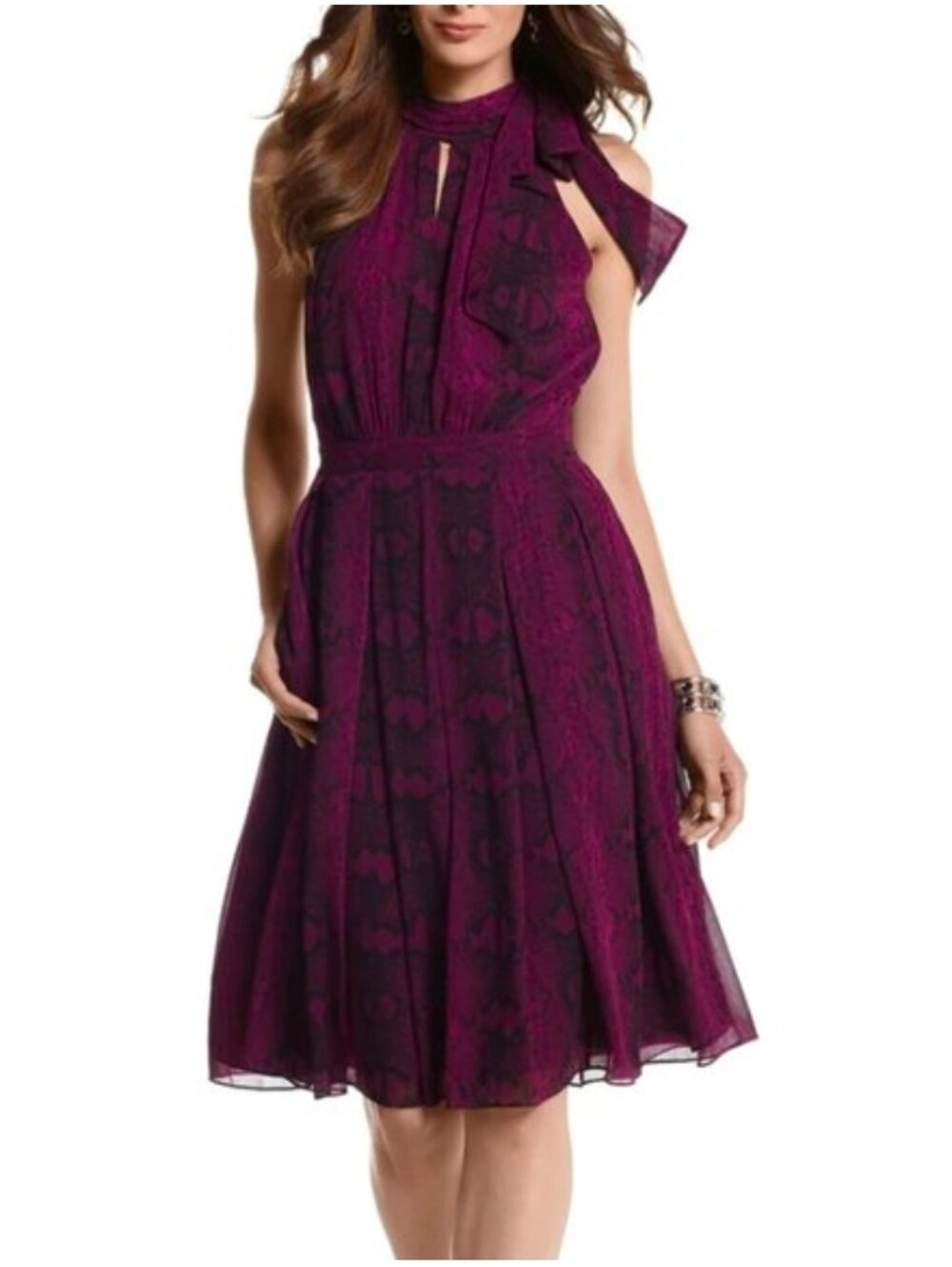 White House Black Market, Tie Neck Amethyst Snake Print Chiffon Dress, Size 4